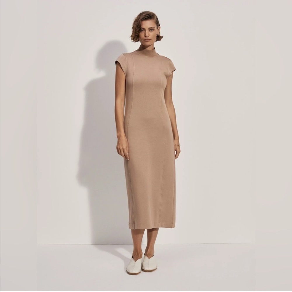 Varley Taunton Mock Neck Midi Dress Beige Sz S Cap Sleeve